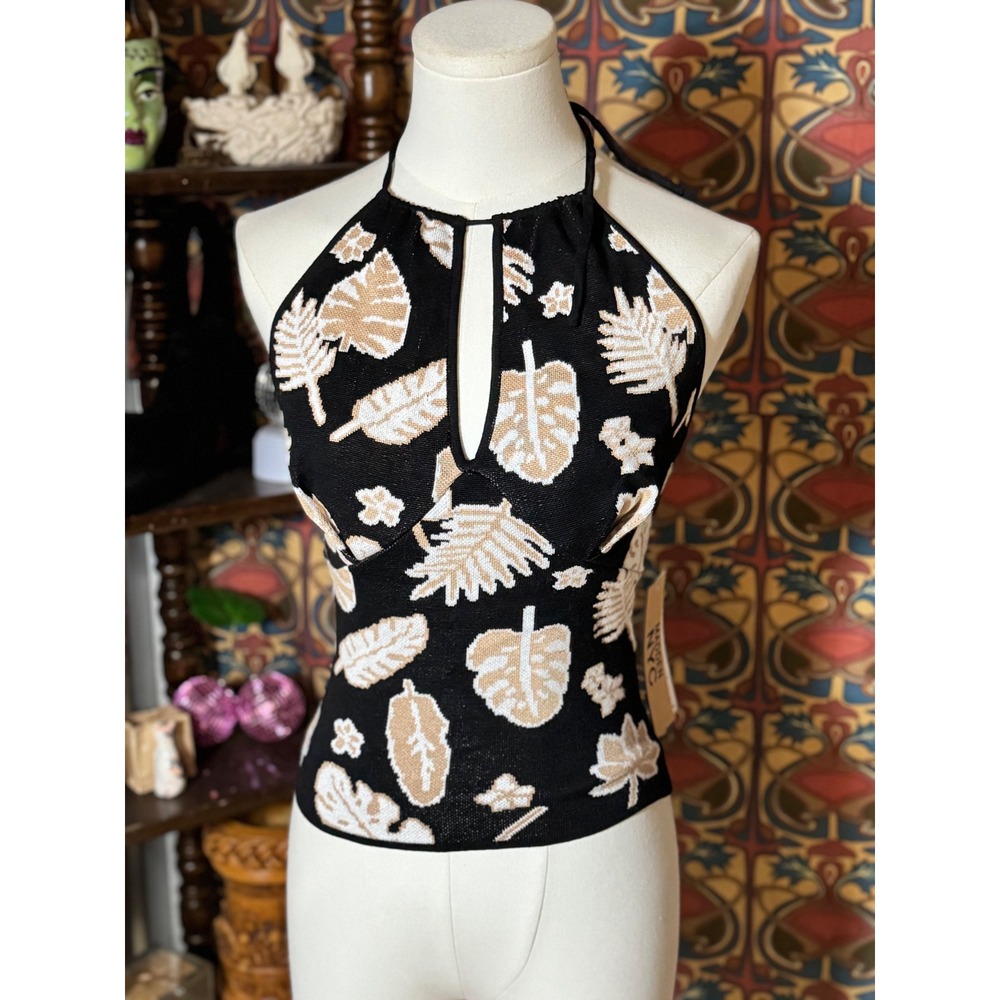 Madden NYC Halter Top Black Beige Leaf Print Sleeveless‎ Summer Tank Juniors